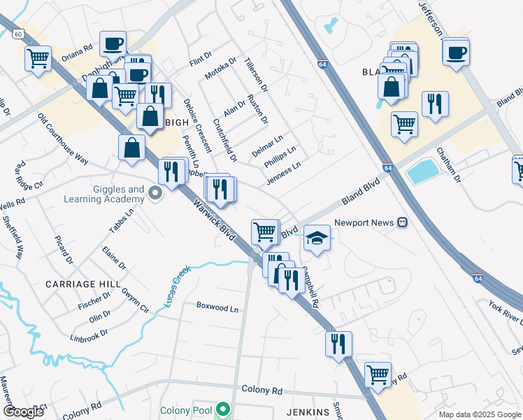map of restaurants, bars, coffee shops, grocery stores, and more near 3950 Horse Run Glen in Newport News