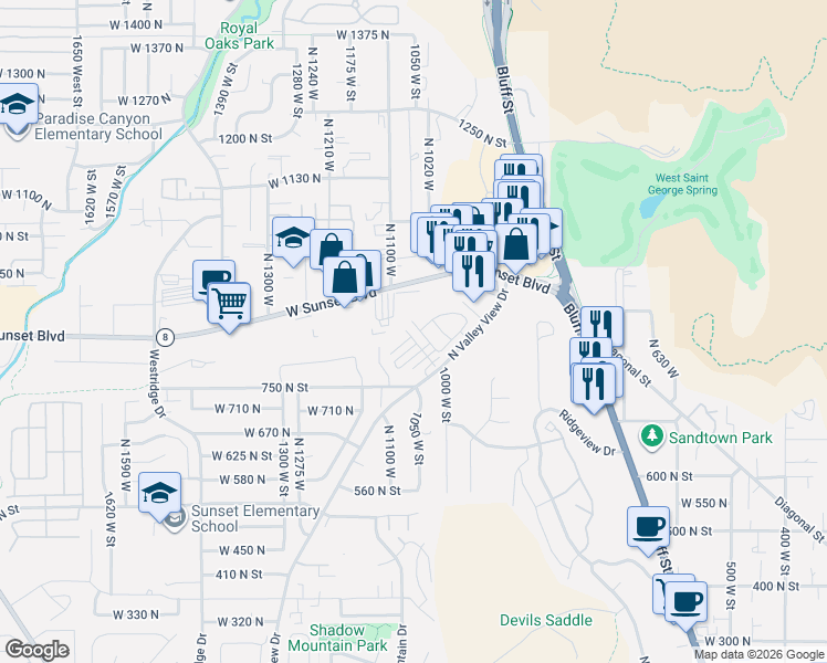 map of restaurants, bars, coffee shops, grocery stores, and more near 845 North Valley View Drive in St. George
