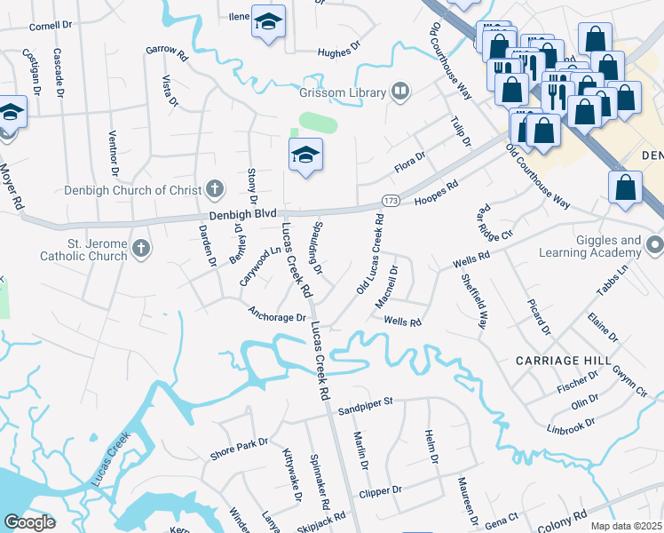 map of restaurants, bars, coffee shops, grocery stores, and more near 12 Keswick Circle in Newport News