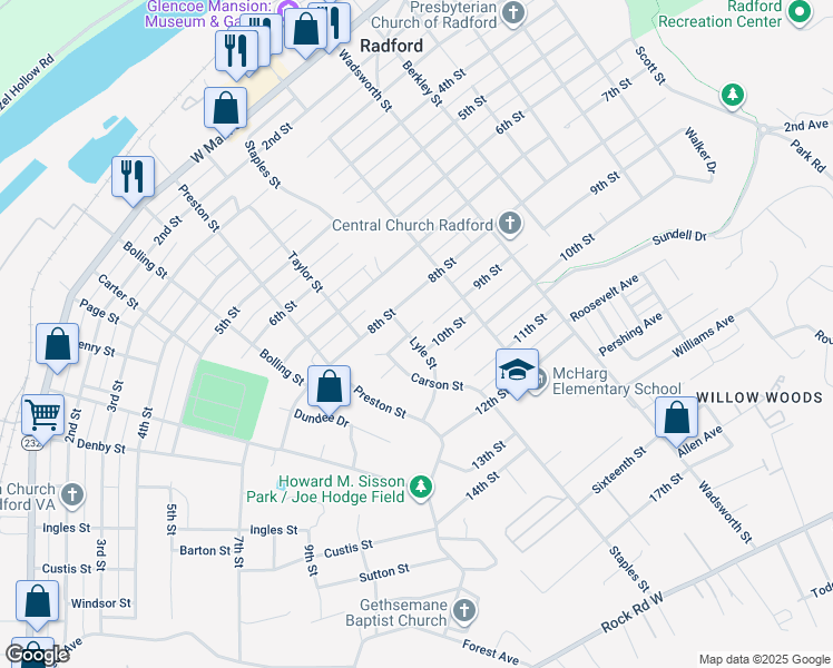map of restaurants, bars, coffee shops, grocery stores, and more near 808 9th Street in Radford