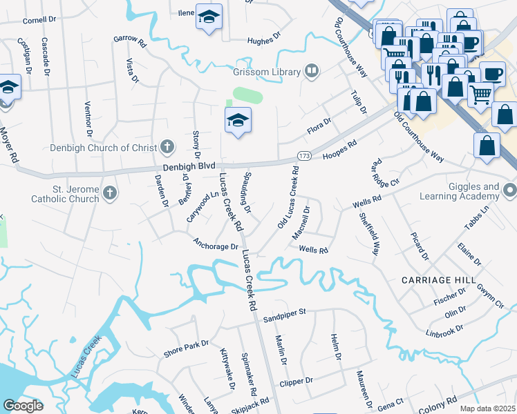 map of restaurants, bars, coffee shops, grocery stores, and more near 12 Keswick Circle in Newport News