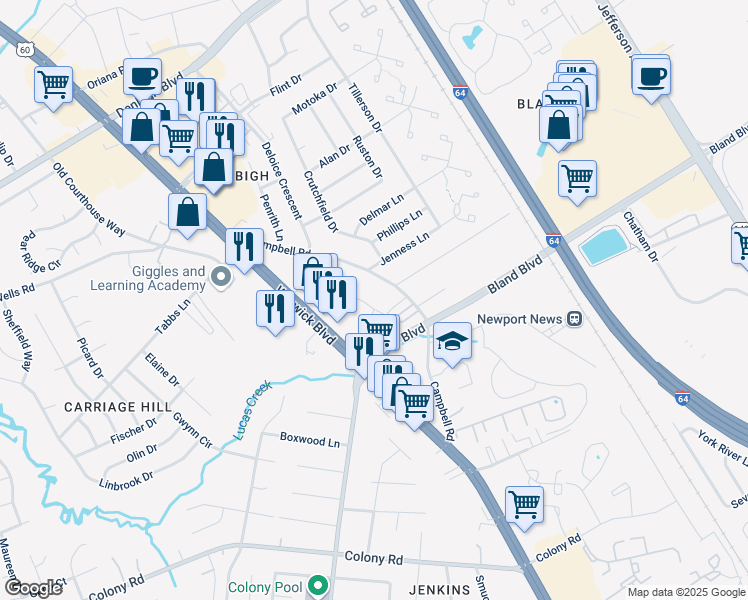 map of restaurants, bars, coffee shops, grocery stores, and more near 3950 Horse Run Glen in Newport News