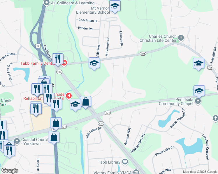 map of restaurants, bars, coffee shops, grocery stores, and more near 200 Greenland Drive in Yorktown
