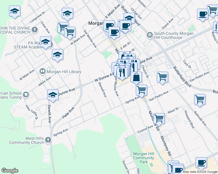 map of restaurants, bars, coffee shops, grocery stores, and more near 16945 Del Monte Avenue in Morgan Hill