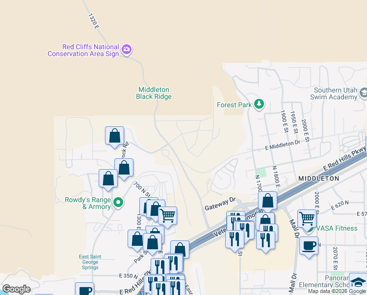 map of restaurants, bars, coffee shops, grocery stores, and more near 927 Grand Heights Drive in St. George