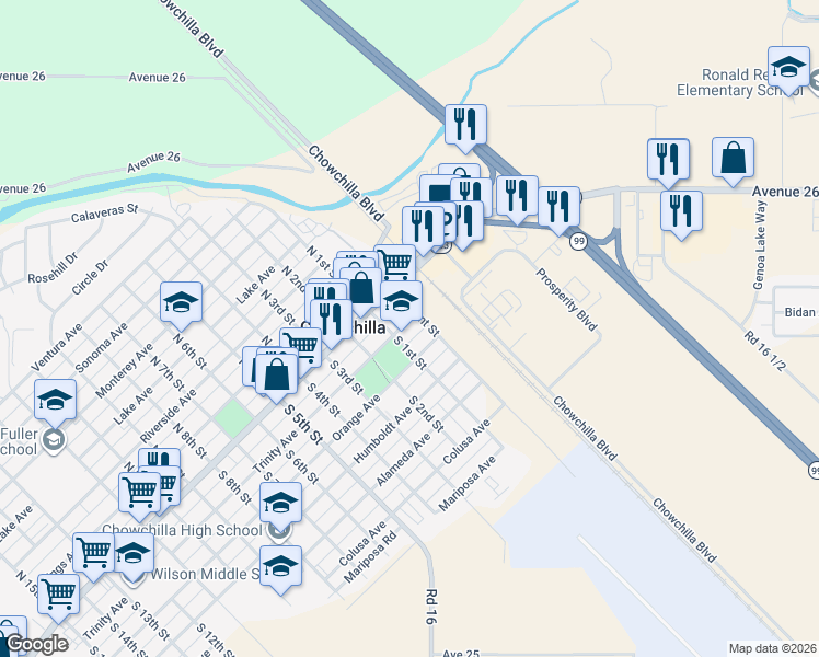 map of restaurants, bars, coffee shops, grocery stores, and more near 135 South 1st Street in Chowchilla