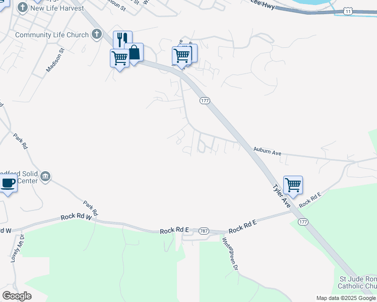 map of restaurants, bars, coffee shops, grocery stores, and more near 112 Gibsondale Drive in Radford