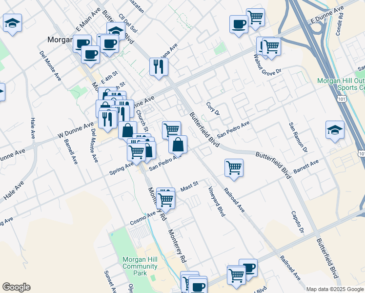 map of restaurants, bars, coffee shops, grocery stores, and more near 195 C San Pedro Avenue in Morgan Hill
