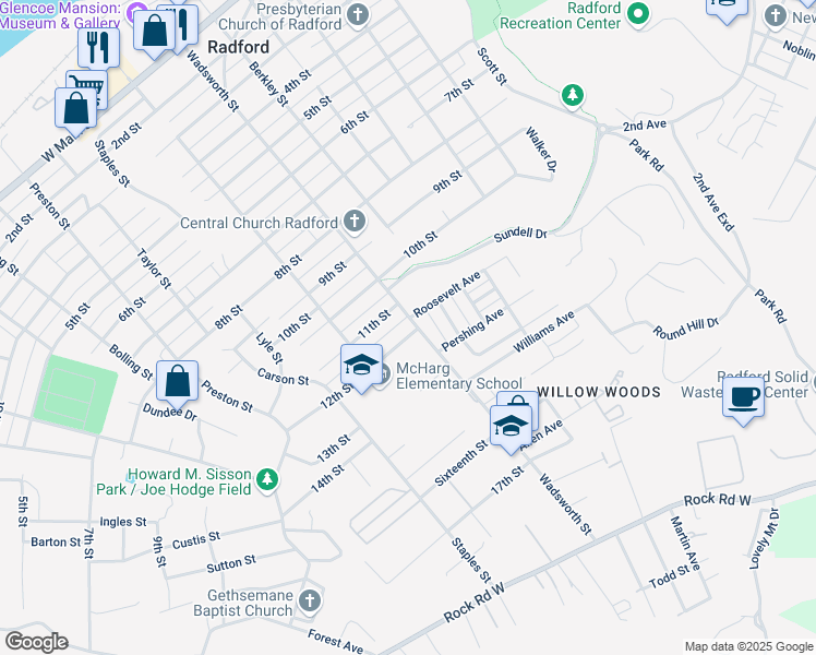 map of restaurants, bars, coffee shops, grocery stores, and more near 601 12th Street in Radford