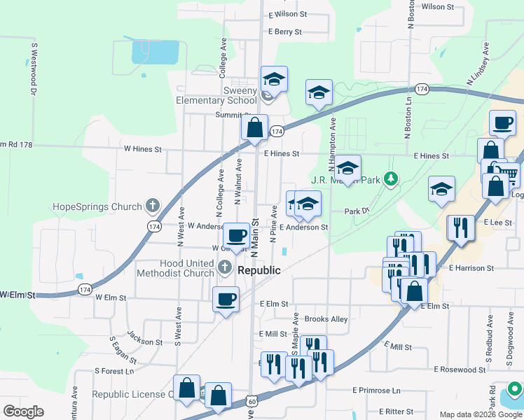 map of restaurants, bars, coffee shops, grocery stores, and more near in Republic