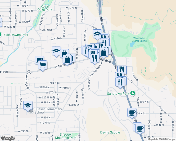 map of restaurants, bars, coffee shops, grocery stores, and more near in St. George