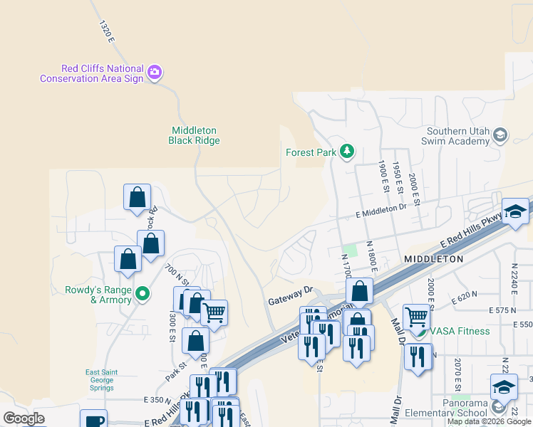 map of restaurants, bars, coffee shops, grocery stores, and more near 1250 East Middleton Drive in St. George