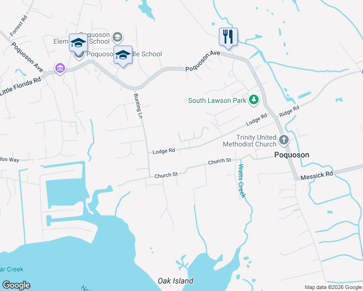 map of restaurants, bars, coffee shops, grocery stores, and more near 106 Lodge Road in Poquoson