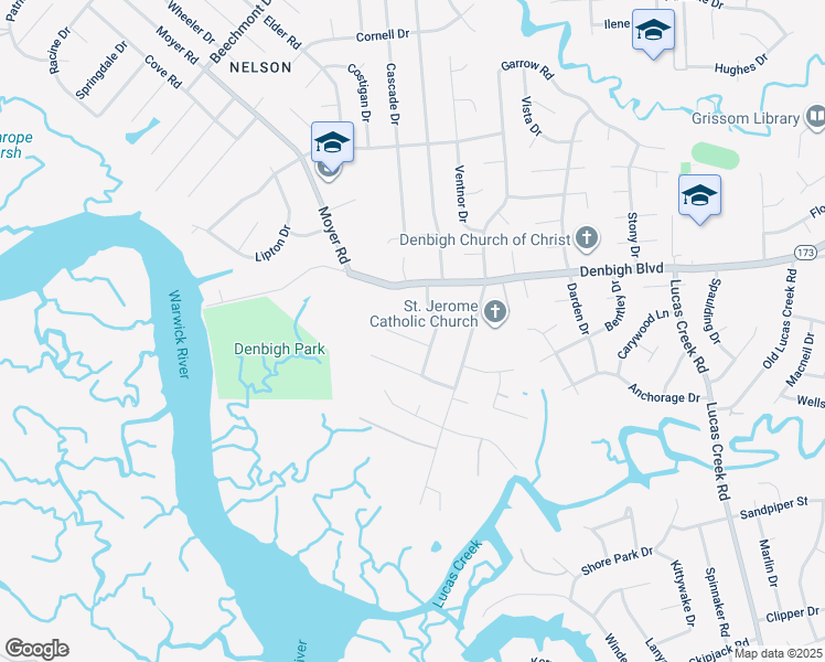 map of restaurants, bars, coffee shops, grocery stores, and more near 6 Helen Drive in Newport News