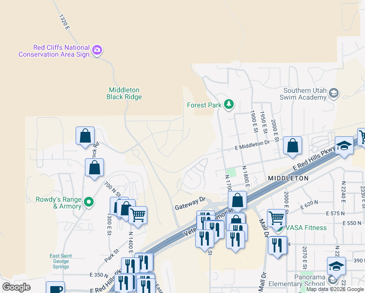 map of restaurants, bars, coffee shops, grocery stores, and more near Grand Heights Drive in St. George