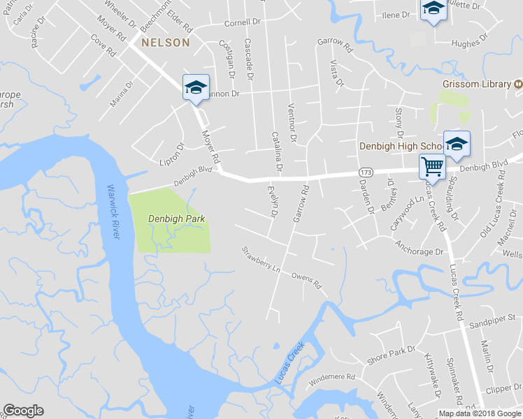 map of restaurants, bars, coffee shops, grocery stores, and more near 6 Helen Drive in Newport News