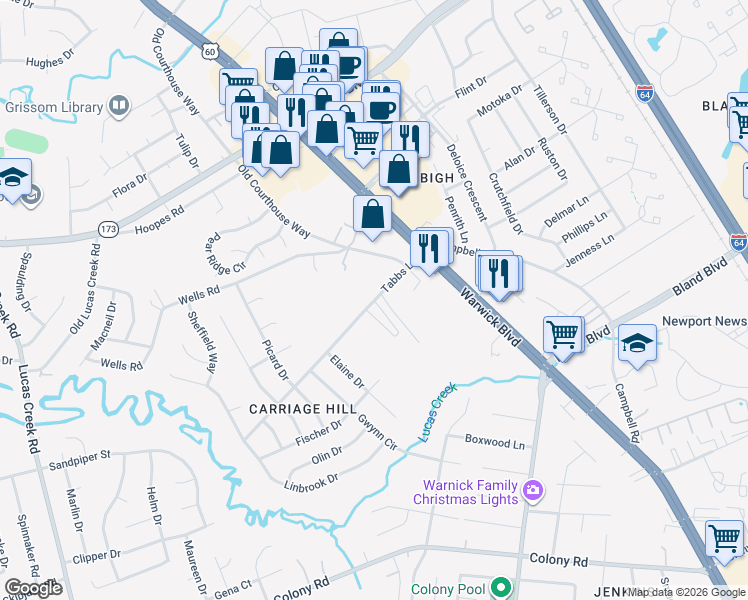 map of restaurants, bars, coffee shops, grocery stores, and more near 347 Tabbs Lane in Newport News