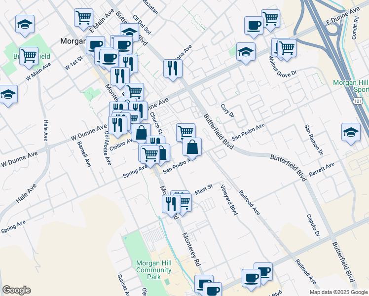 map of restaurants, bars, coffee shops, grocery stores, and more near 16890 Church Street in Morgan Hill
