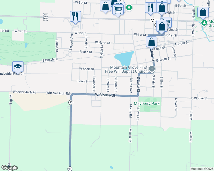 map of restaurants, bars, coffee shops, grocery stores, and more near 506 South West Street in Mountain Grove