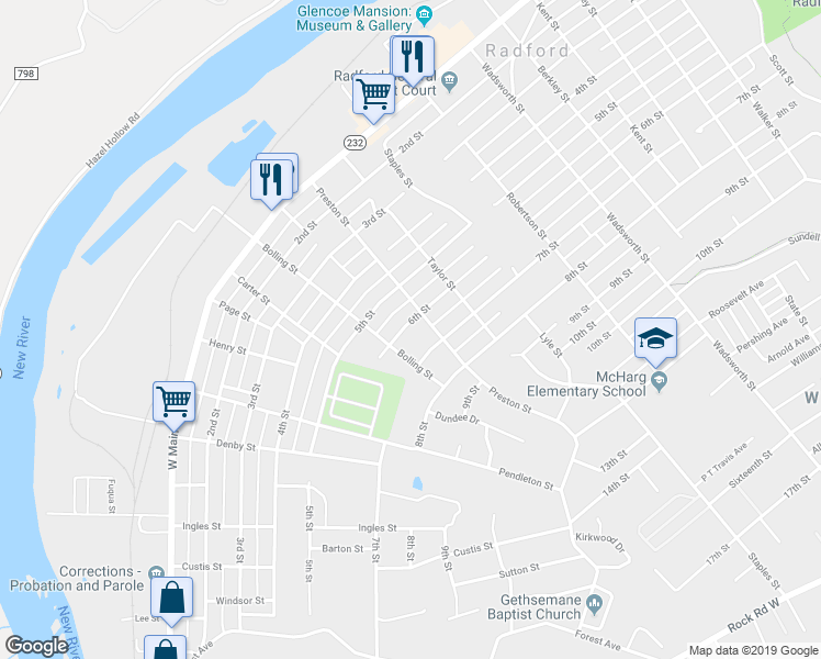 map of restaurants, bars, coffee shops, grocery stores, and more near 1008 6th Street in Radford