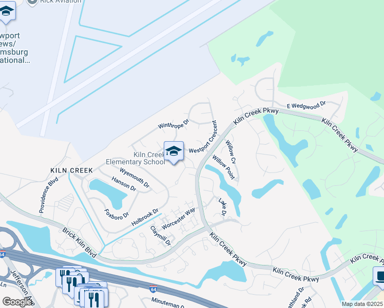 map of restaurants, bars, coffee shops, grocery stores, and more near 1521 Westport Crescent in Newport News