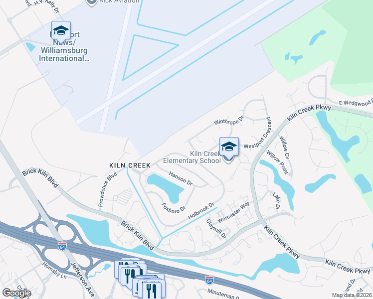 map of restaurants, bars, coffee shops, grocery stores, and more near 1549 Winthrope Drive in Newport News