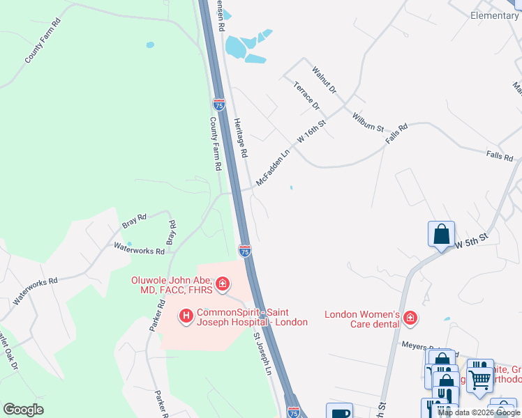 map of restaurants, bars, coffee shops, grocery stores, and more near 735 Kirby Lane in London