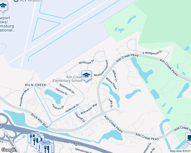 map of restaurants, bars, coffee shops, grocery stores, and more near 1521 Westport Crescent in Newport News