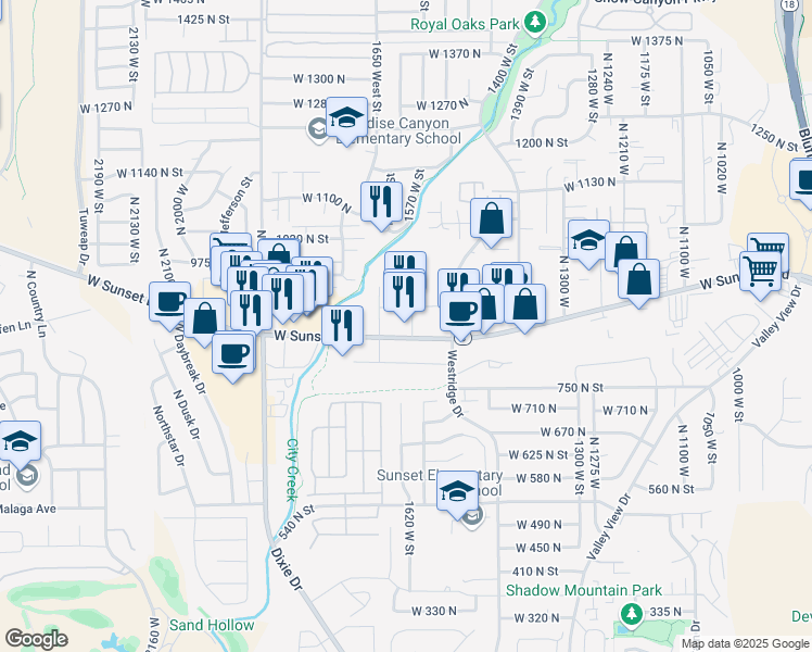 map of restaurants, bars, coffee shops, grocery stores, and more near 1594 West Sunset Boulevard in St. George