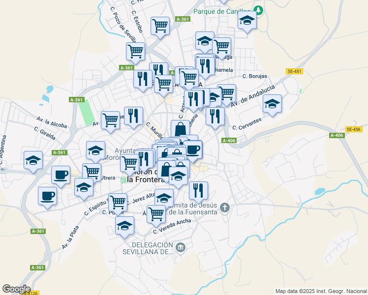 map of restaurants, bars, coffee shops, grocery stores, and more near 2 Calle Marchena in Morón de la Frontera