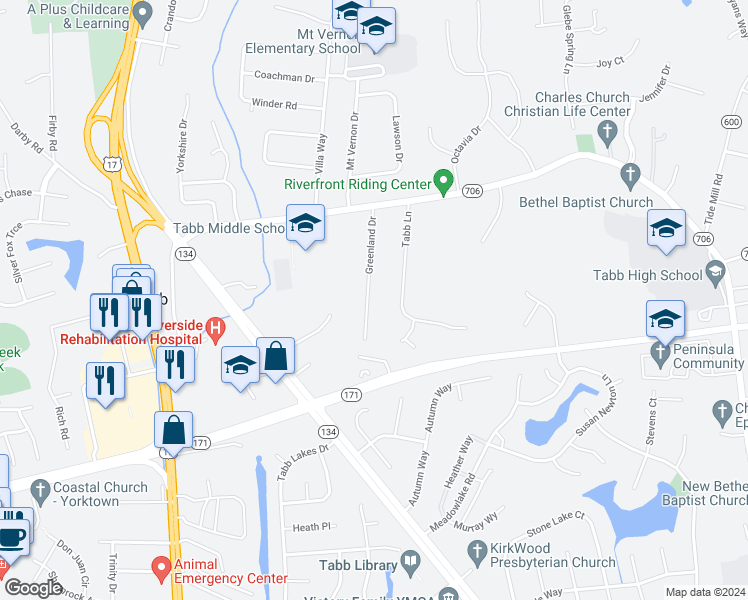 map of restaurants, bars, coffee shops, grocery stores, and more near 203 Greenland Drive in Yorktown