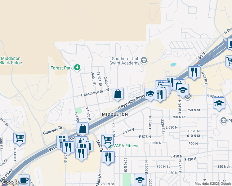 map of restaurants, bars, coffee shops, grocery stores, and more near 2056 East in Saint George