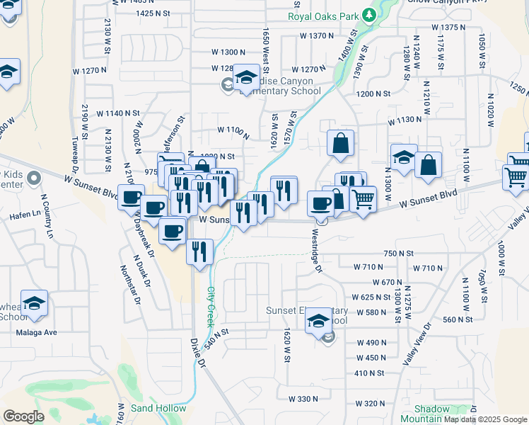map of restaurants, bars, coffee shops, grocery stores, and more near 1660 West Sunset Boulevard in St. George