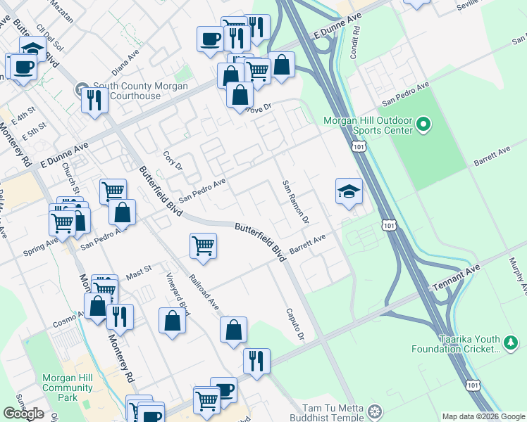 map of restaurants, bars, coffee shops, grocery stores, and more near 16626 San Gabriel Court in Morgan Hill