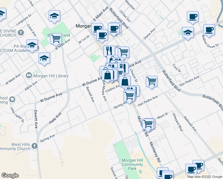 map of restaurants, bars, coffee shops, grocery stores, and more near 16985 Monterey Road in Morgan Hill
