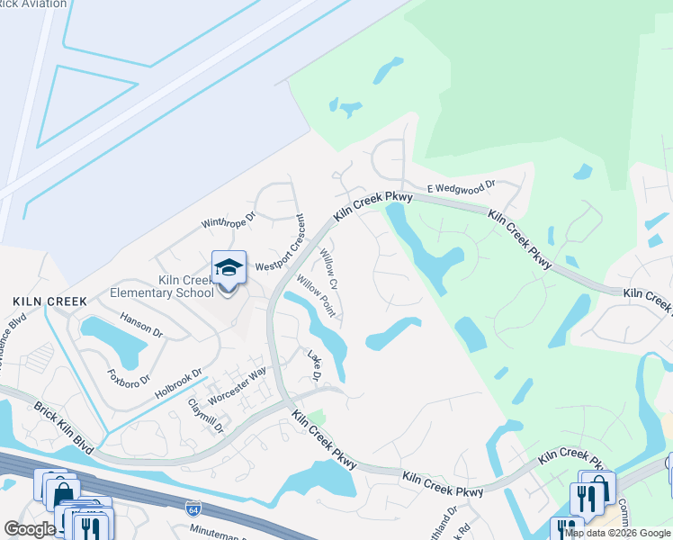 map of restaurants, bars, coffee shops, grocery stores, and more near 1638 Willow Cove in Newport News