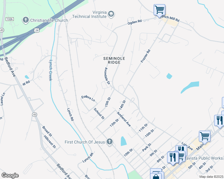 map of restaurants, bars, coffee shops, grocery stores, and more near 1535 Avondale Drive in Altavista