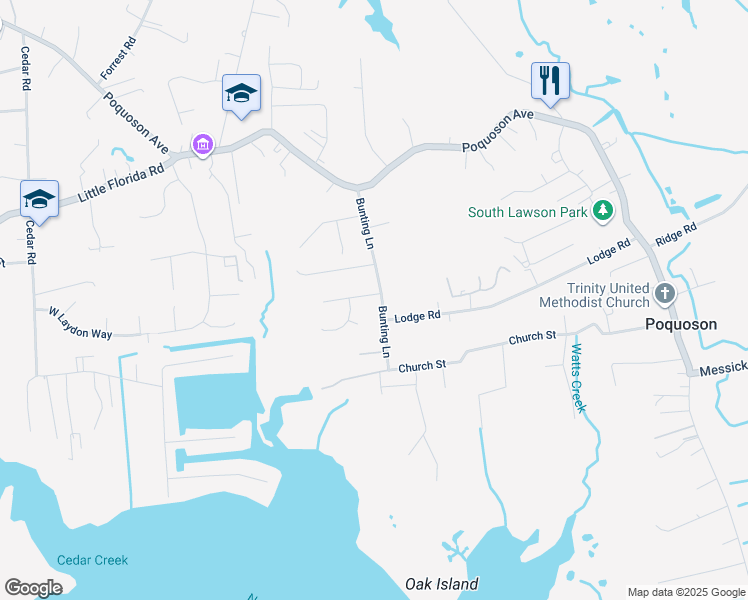 map of restaurants, bars, coffee shops, grocery stores, and more near 56 Bunting Lane in Poquoson