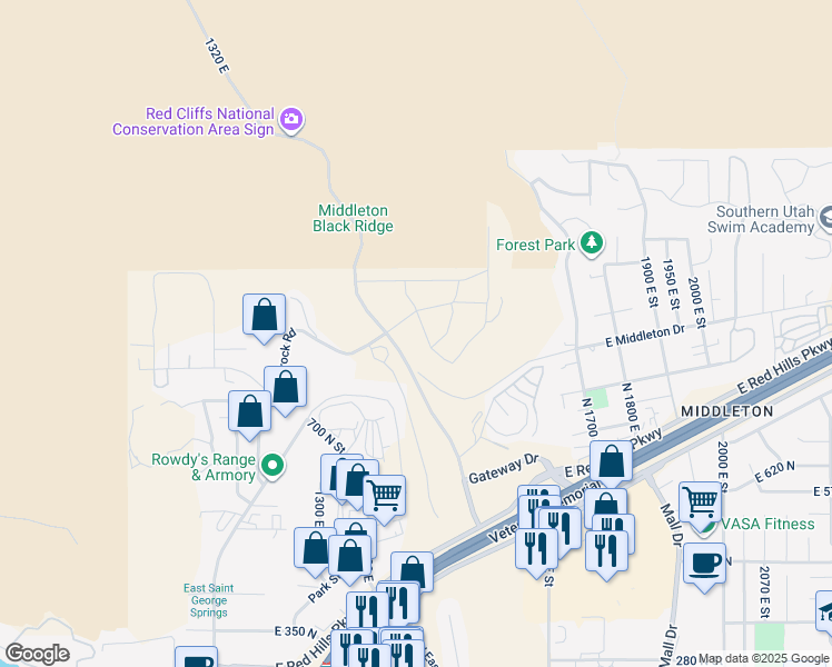 map of restaurants, bars, coffee shops, grocery stores, and more near 951 Grand Heights Drive in St. George