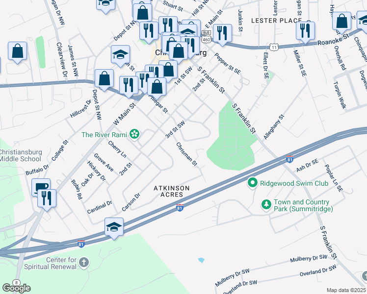 map of restaurants, bars, coffee shops, grocery stores, and more near 313 Phlegar Street in Christiansburg