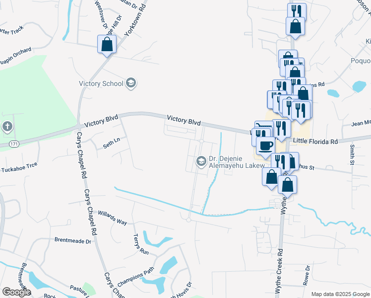 map of restaurants, bars, coffee shops, grocery stores, and more near 129 Fishermans Way in Poquoson