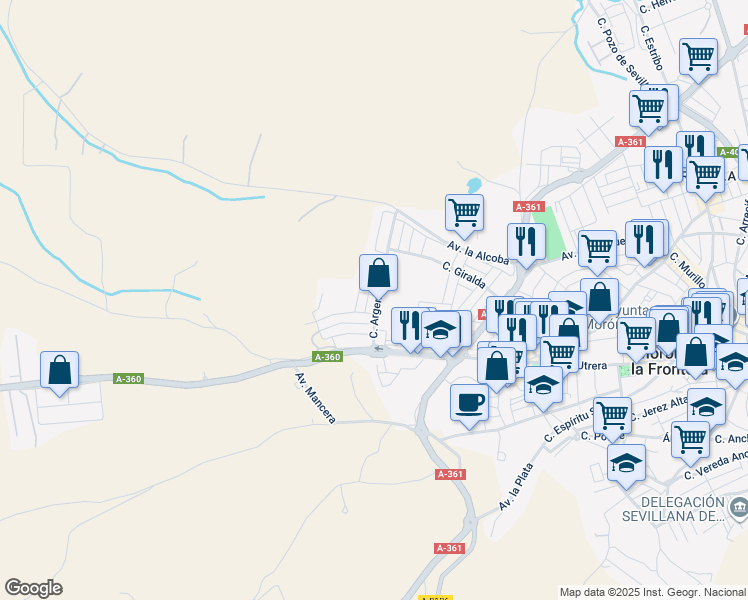 map of restaurants, bars, coffee shops, grocery stores, and more near 16 Calle Chile in Morón de la Frontera