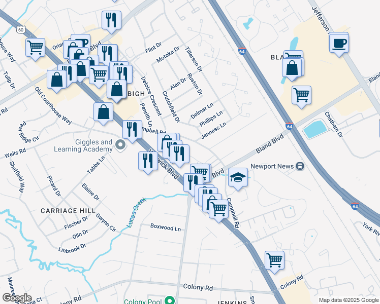 map of restaurants, bars, coffee shops, grocery stores, and more near 3984 Horse Run Glen in Newport News