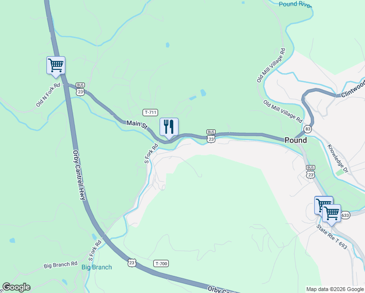 map of restaurants, bars, coffee shops, grocery stores, and more near 8101-8199 South River Road in Pound