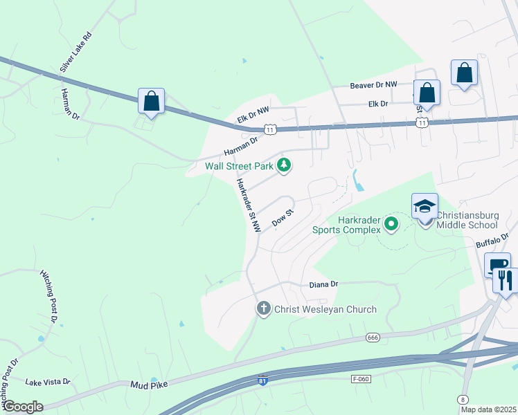 map of restaurants, bars, coffee shops, grocery stores, and more near 1397 Dow Street in Christiansburg