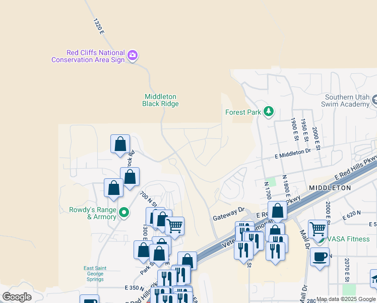 map of restaurants, bars, coffee shops, grocery stores, and more near 951 Grand Heights Drive in St. George