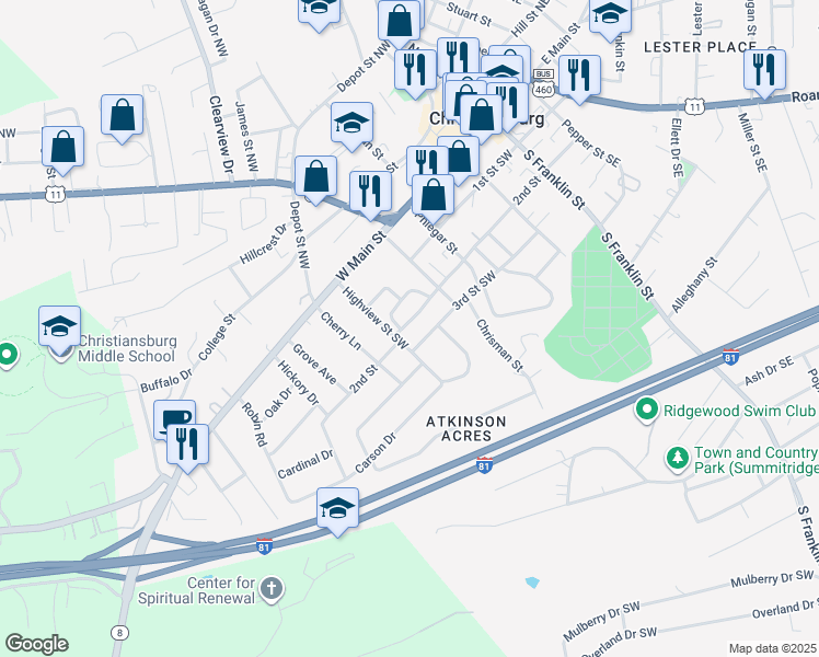 map of restaurants, bars, coffee shops, grocery stores, and more near 540 2nd Street in Christiansburg