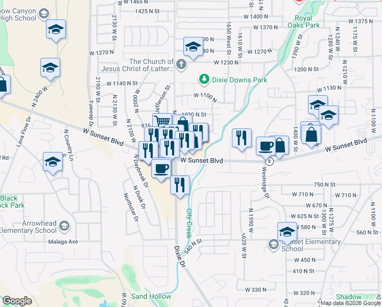 map of restaurants, bars, coffee shops, grocery stores, and more near in St. George