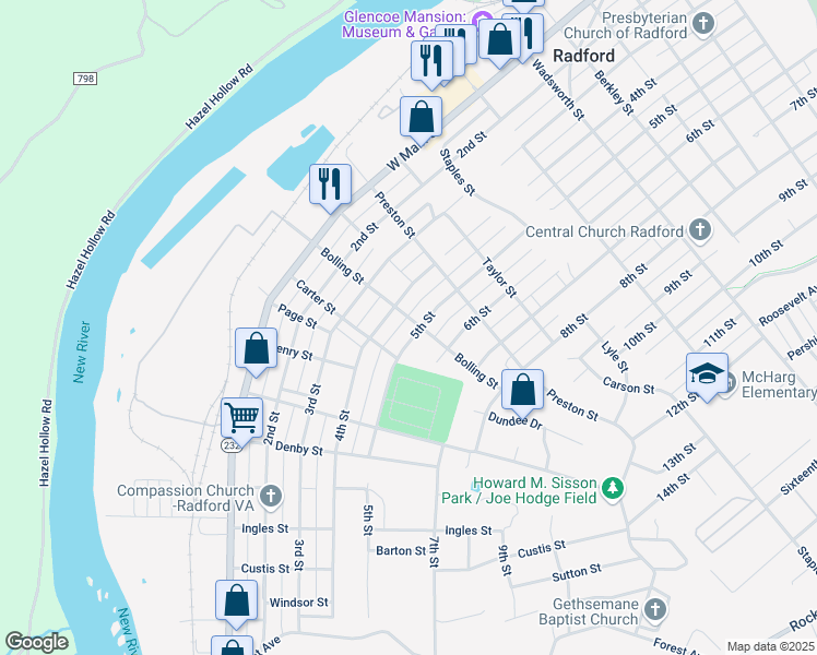 map of restaurants, bars, coffee shops, grocery stores, and more near 406 Bolling Street in Radford