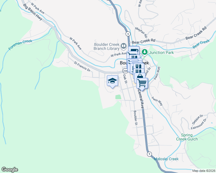 map of restaurants, bars, coffee shops, grocery stores, and more near 13070 Redwood Avenue in Boulder Creek
